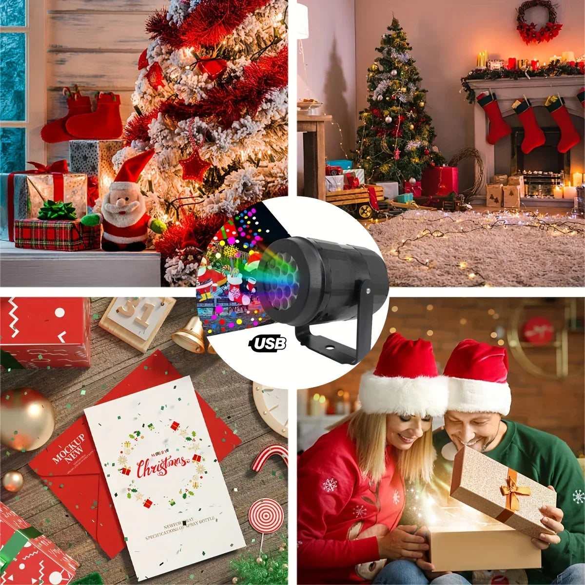 Proyector de Navidad como regalo, junto al árbol y la chimenea