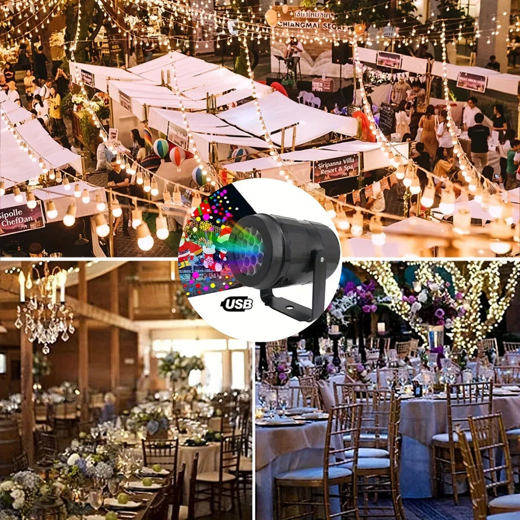 Proyector de Navidad decorando un mercadillo y un salón de eventos
